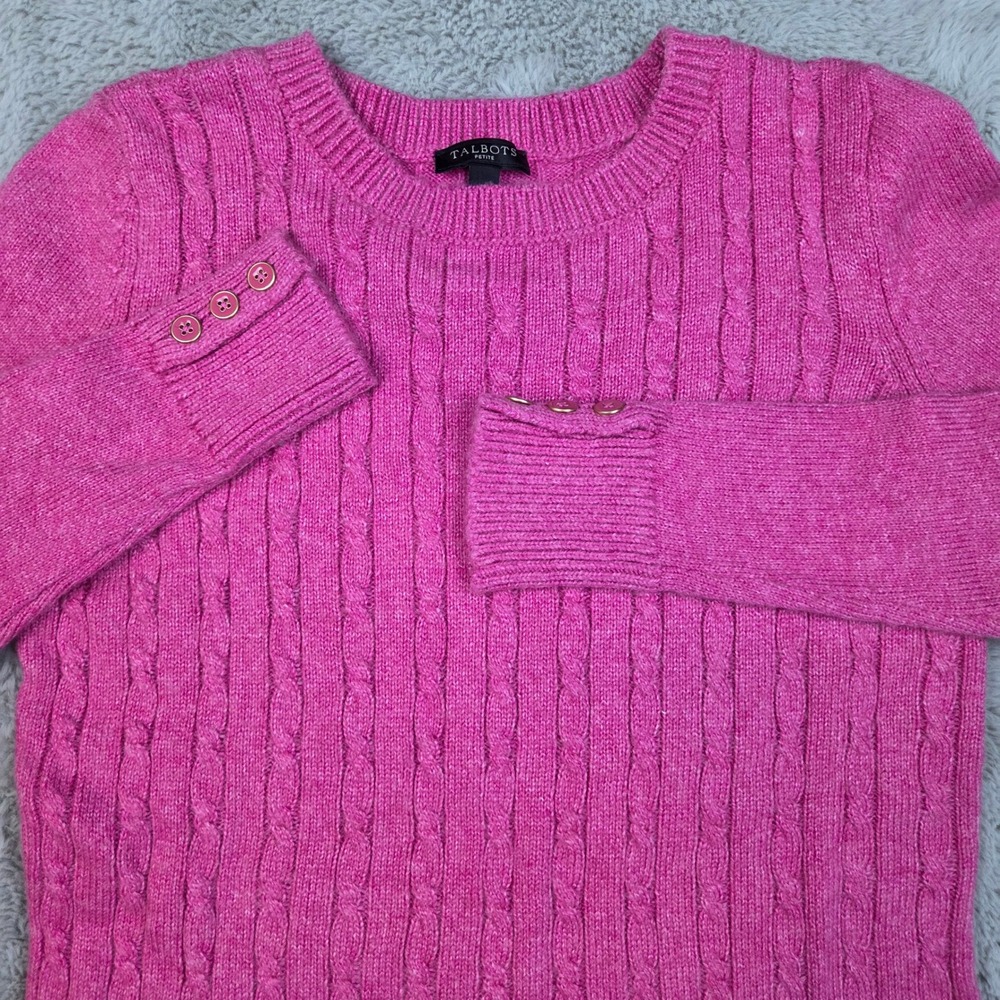 Talbots Cable Knit Sweater Womens P Petite Button Cuff Long Sleeve Crewneck Pink